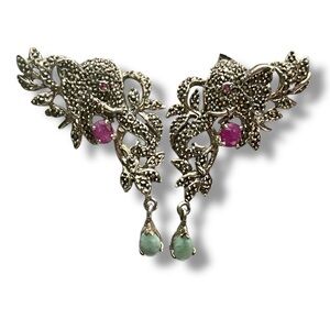 Vtg 925 Sterling Marcasite Emerald Ruby Elephant Post Earrings FairyCore